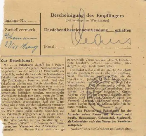 BiZone Paketkarte 1948 Braunschweig nach Haar, Selbstbucher mit Wert, Nachgebühr