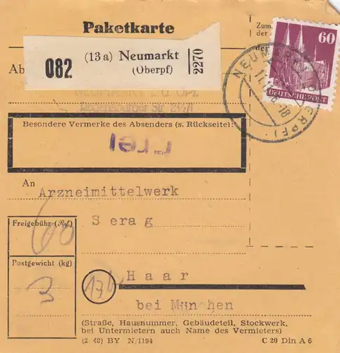 BiZone Paketkarte 1948: Neumarkt nach Haar bei München