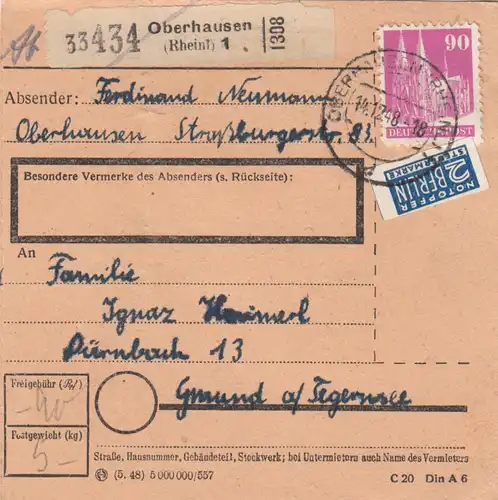 Carte de paquet BiZone 1948: Oberhausen vers Gmund am Tegernsee