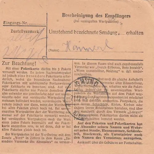 Carte de paquet BiZone 1948: Oberhausen vers Gmund am Tegernsee