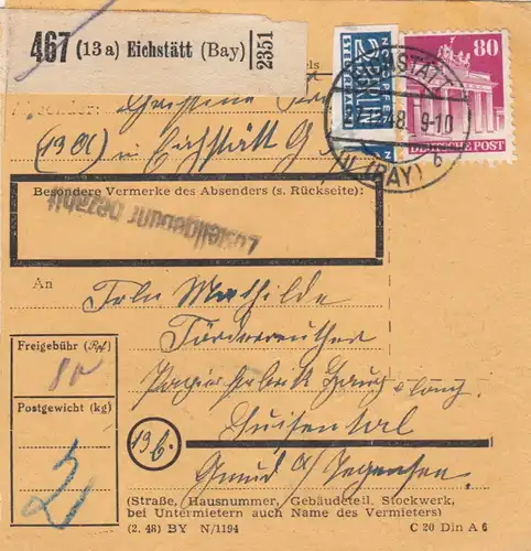 BiZone Paketkarte 1948: Eichstätt nach Louisenthal, Gmund am Tegernsee