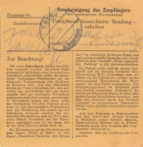 BiZone Paketkarte 1948: Eichstätt nach Louisenthal, Gmund am Tegernsee