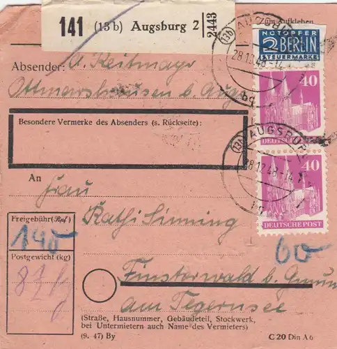 BiZone Paketkarte 1948: Augsburg nach Finsterwald
