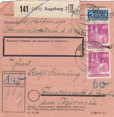 BiZone Paketkarte 1948: Augsburg nach Finsterwald