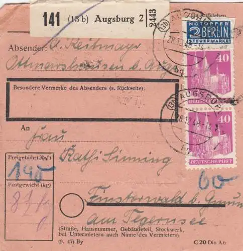 Carte de paquet BiZone 1948: Augsburg vers Finsterwald