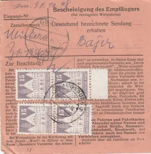 BiZone Paketkarte 1948: Augsburg nach Finsterwald