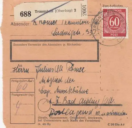 Carte de paquet 1947: Traunstein après Bad Aibling, membre bayr. scène musicale