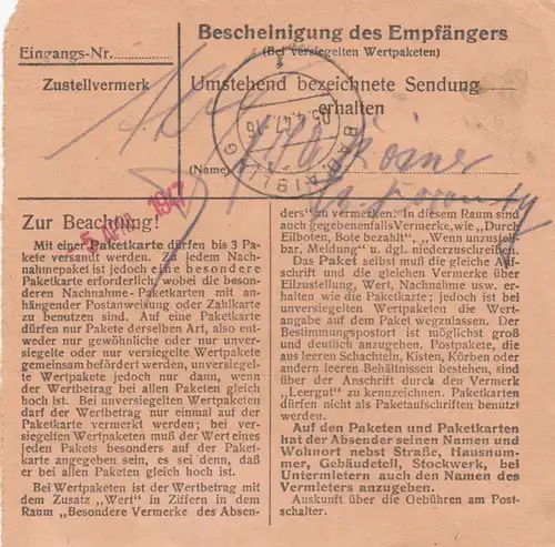 Carte de paquet 1947: Traunstein après Bad Aibling, membre bayr. scène musicale