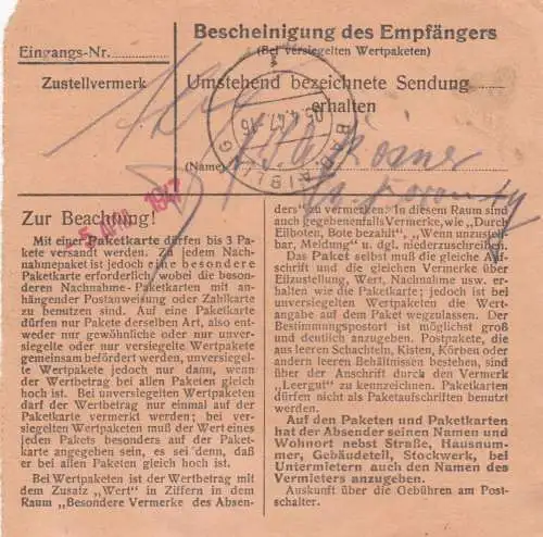 Paketkarte 1947: Traunstein nach Bad Aibling, Mitglied bayr. Musikbühne