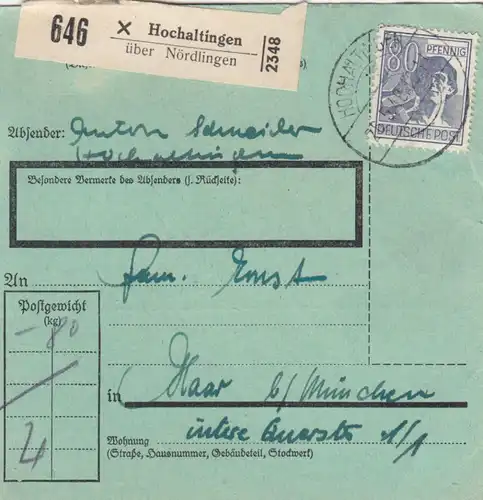 Carte de paquet 1948: Hohaltingen/Nordlingen par Haar b. Munich, formulaire rare