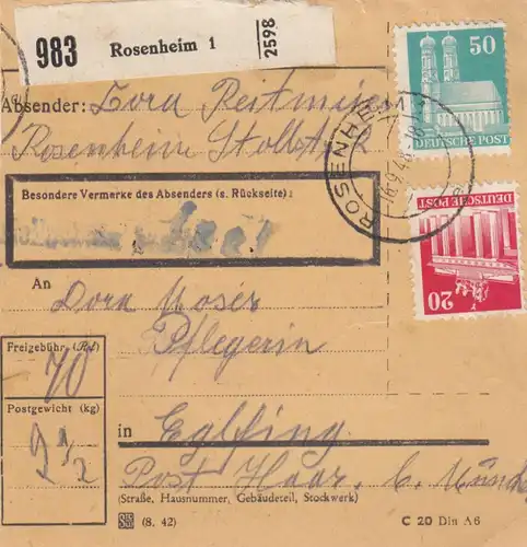 BiZone Paketkarte 1948: Rosenheim nach Eglfing, Pflegerin
