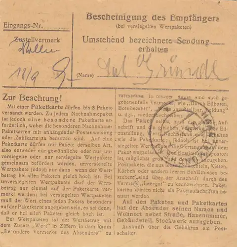 Carte de paquet BiZone 1948: Rosenheim vers Eglfing, infirmière