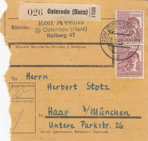 Paketkarte 1948: Osterode nach Haar, Selbstbucherkarte mit Wert