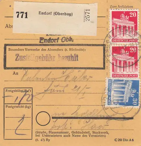 BiZone Paketkarte 1948: Endorf (Oberbay) nach Haar