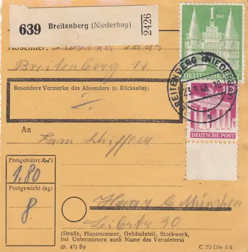 BiZone Paketkarte 1948: Breitenberg (Niederbay) nach Haar b. München
