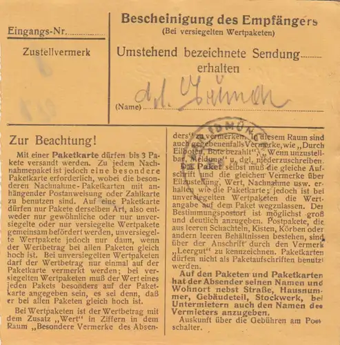 Carte de paquet BiZone 1948: Breitenberg (Niederbay) après Haar b. Munich