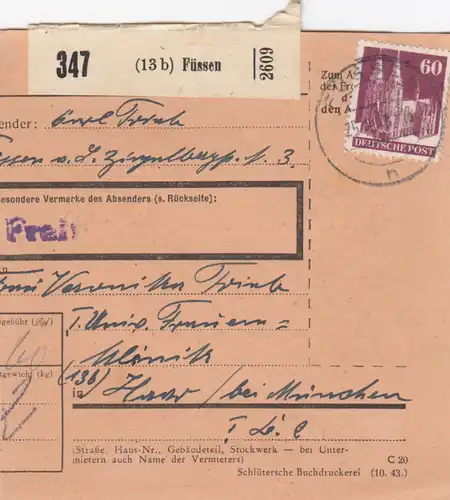 BiZone Paketkarte 1948: Füssen nach Haar, Klinik