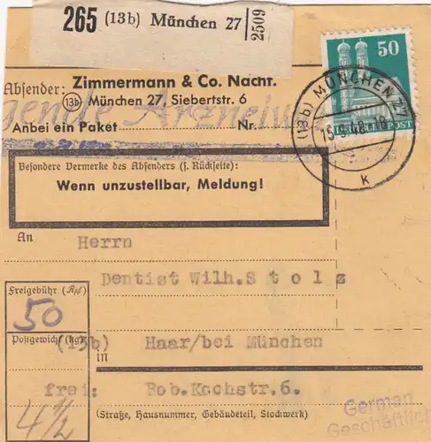Carte de paquet 1948: Munich par Haar, carte auto-réservation avec valeur - Zimmemann&Co