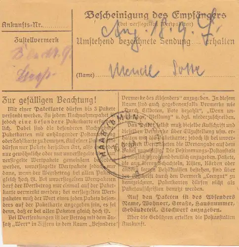 Carte de paquet 1948: Munich par Haar, carte auto-réservation avec valeur - Zimmemann&Co
