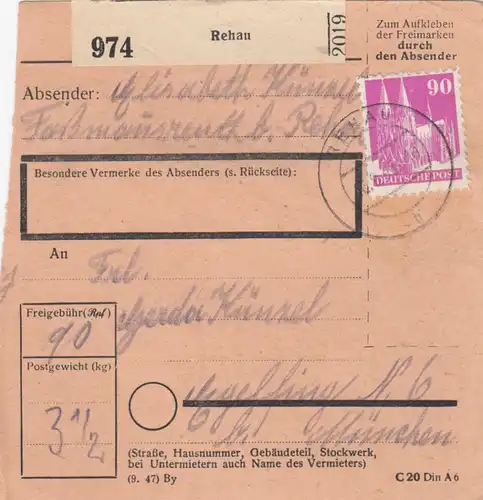 BiZone Paketkarte 1948: Rehau nach Eglfing