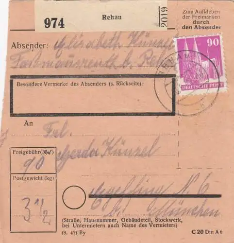 BiZone Paketkarte 1948: Rehau nach Eglfing