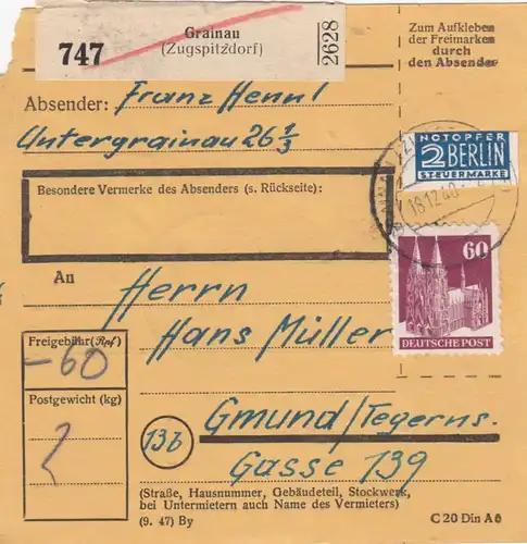 Carte de paquet BiZone 1948: Grainau vers Gmund - Tegernsee