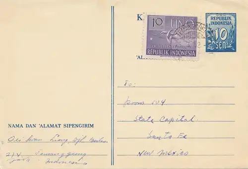 Indonesia: 1952 post card Java to New Mexico-Santa Fee