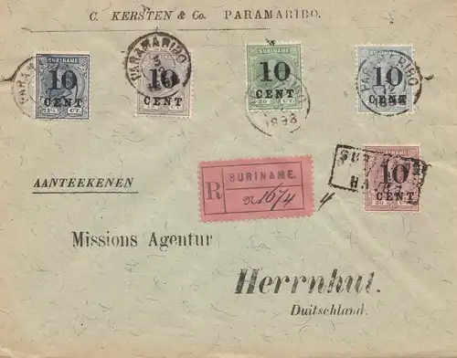 Surinam 1898_ regostered Paramaribo to Herrhut/Germany