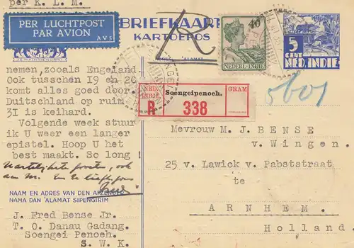 Ned. Indie 1935: post card registered air mail Soengeipenoeh to Arnhem/Holland