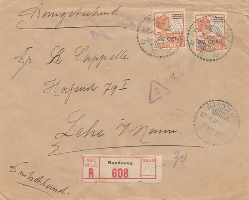 Ned. Indie 1922: Registered Bandoeng to Lehe, censor Reichsfinanzverwaltung
