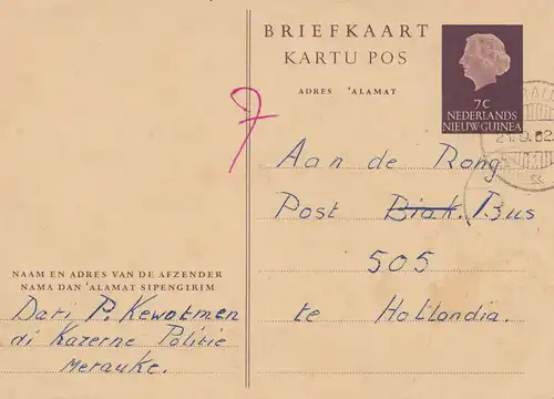 Nouvelle Guinée 1962: Post card Merauke to te Hollandia 505, Post Bus