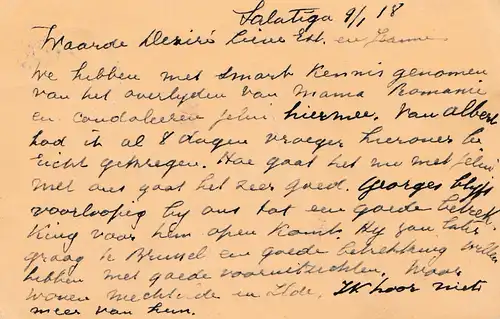 Ned. Indie 1918: post card Salatiga to Brussel - Retour