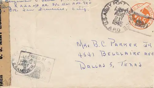 New Guinea 1945: US Army Postal Service, censor to Dallas/Texas
