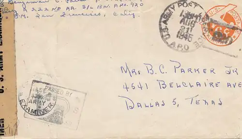 Nouvelle Guinée 1945: US Army Postal Service, centre to Dallas/Texas