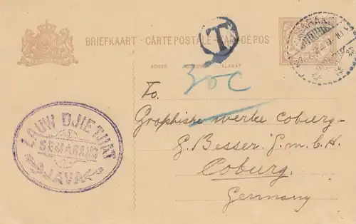 Ned. Indie 1892: carte postale Semaran to Coburg, Taxe