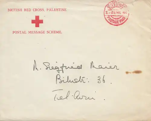 Palestine: 1941: British red cross Jerusalem to Tel Aviv