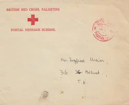 Palestine: 1941: British red cross Jerusalem to Tel Aviv, postage paid