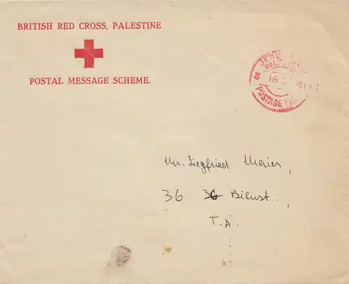 Palestine: 1941: British red cross Jerusalem to Tel Aviv, poste paid