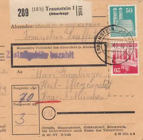 BiZone Paketkarte 1948: Traunstein nach Haar, Heil- Pflegeanstalt