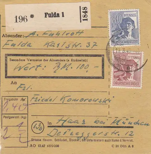 Paketkarte 1948: Fulda nach Haar bei München