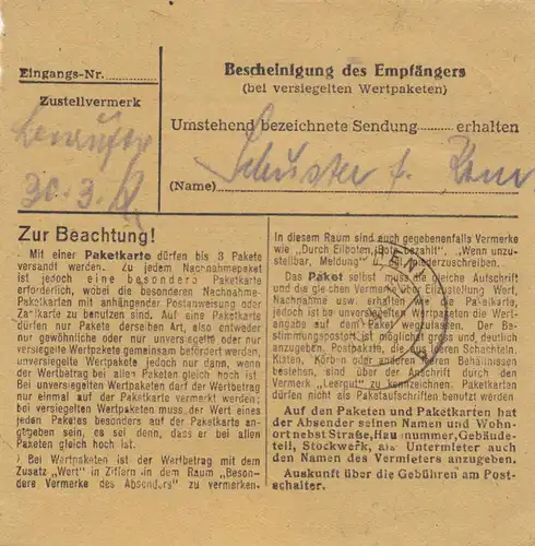 Carte de paquet 1948: Fulda vers Haar près de Munich