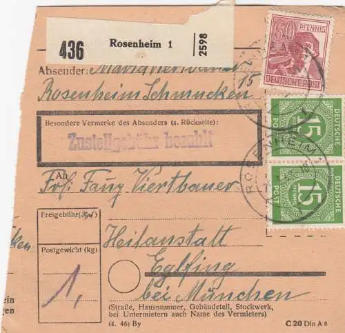 Paketkarte 1948: Rosenheim nach Heilanstalt Eglfing