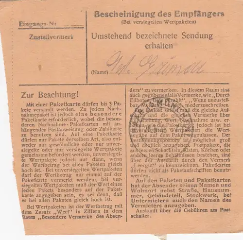 Carte de paquet 1948: Rosenheim vers Heilanstalt Eglfing