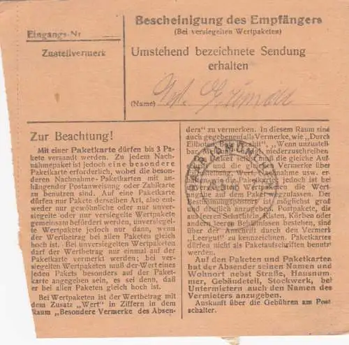 Paketkarte 1948: Rosenheim nach Heilanstalt Eglfing