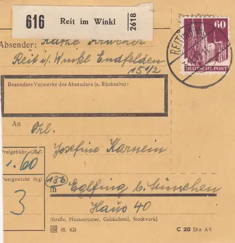 BiZone Paketkarte 1948: Reit im Wnkel nach Eglfing bei München