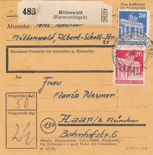 BiZone Paketkarte 1948: Mittenwald nach Haar b. München