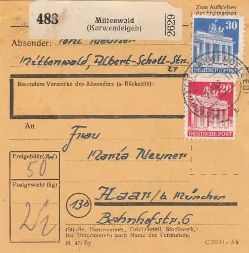 BiZone Paketkarte 1948: Mittenwald nach Haar b. München