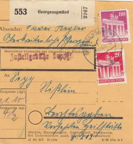 BiZone Paketkarte 1948 Georgensgmünd/Oberbreitenlohe - Berchtesgaden, Heilstätte