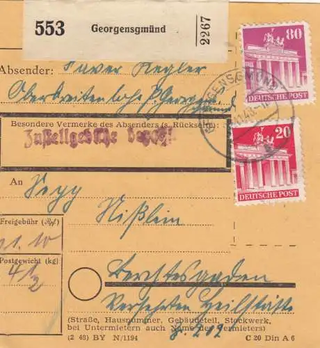 Carte de paquet BiZone 1948 Georgensgünd/Superweitenlohe - Berchtesgaden, Station de guérison