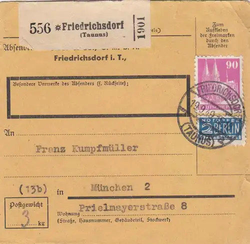 Carte de paquet BiZone 1949: Friedrichsdorf vers Munich